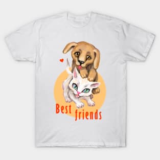 Cute small cat and dog. Sweet little baby pets. Kitten and puppy friends. T-Shirt